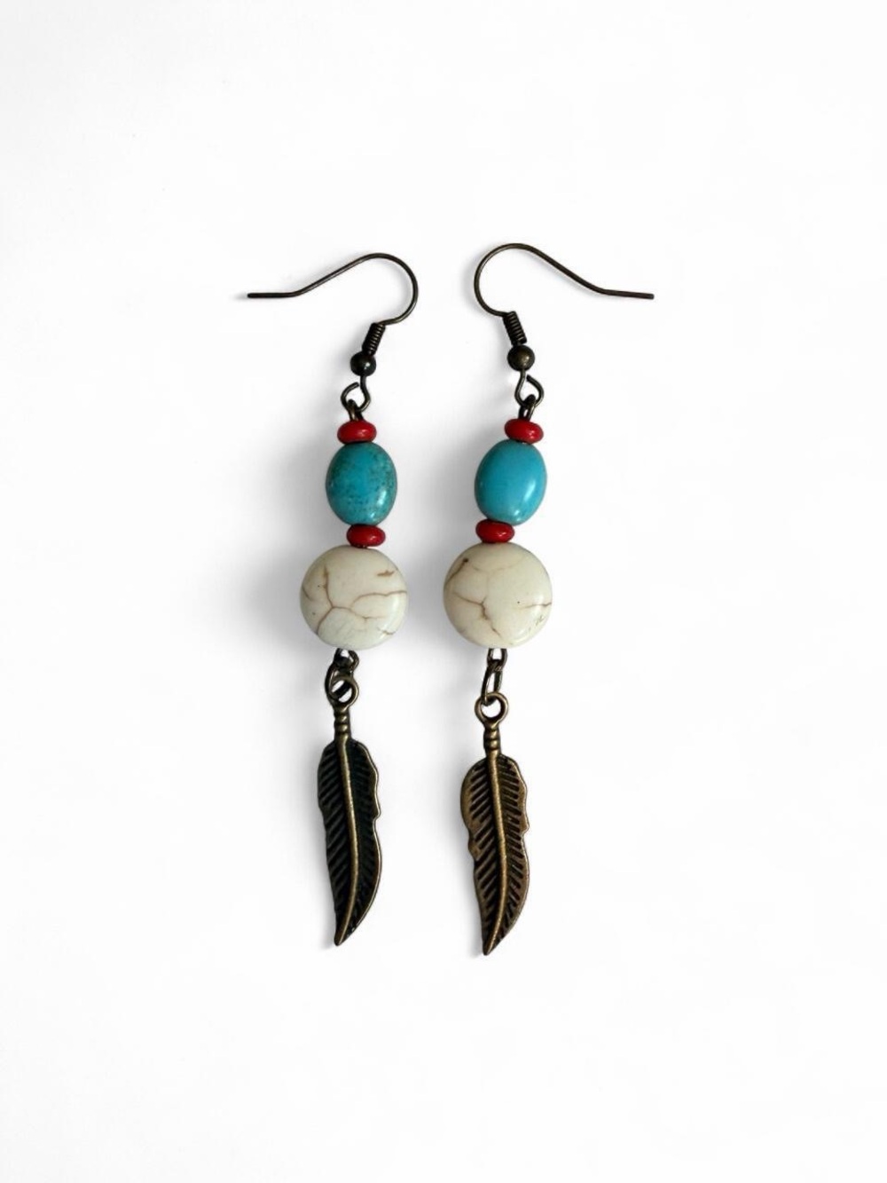 Handmade Turquoise Howlite Feather Dangle Earrings